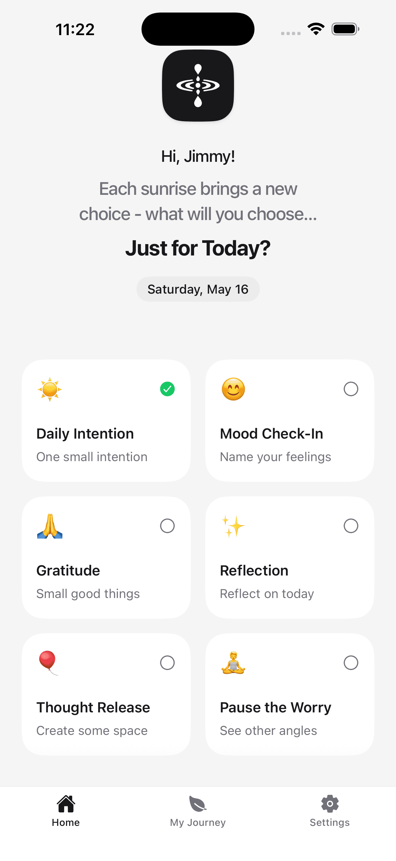Just for Today — daily home screen with the six exercises