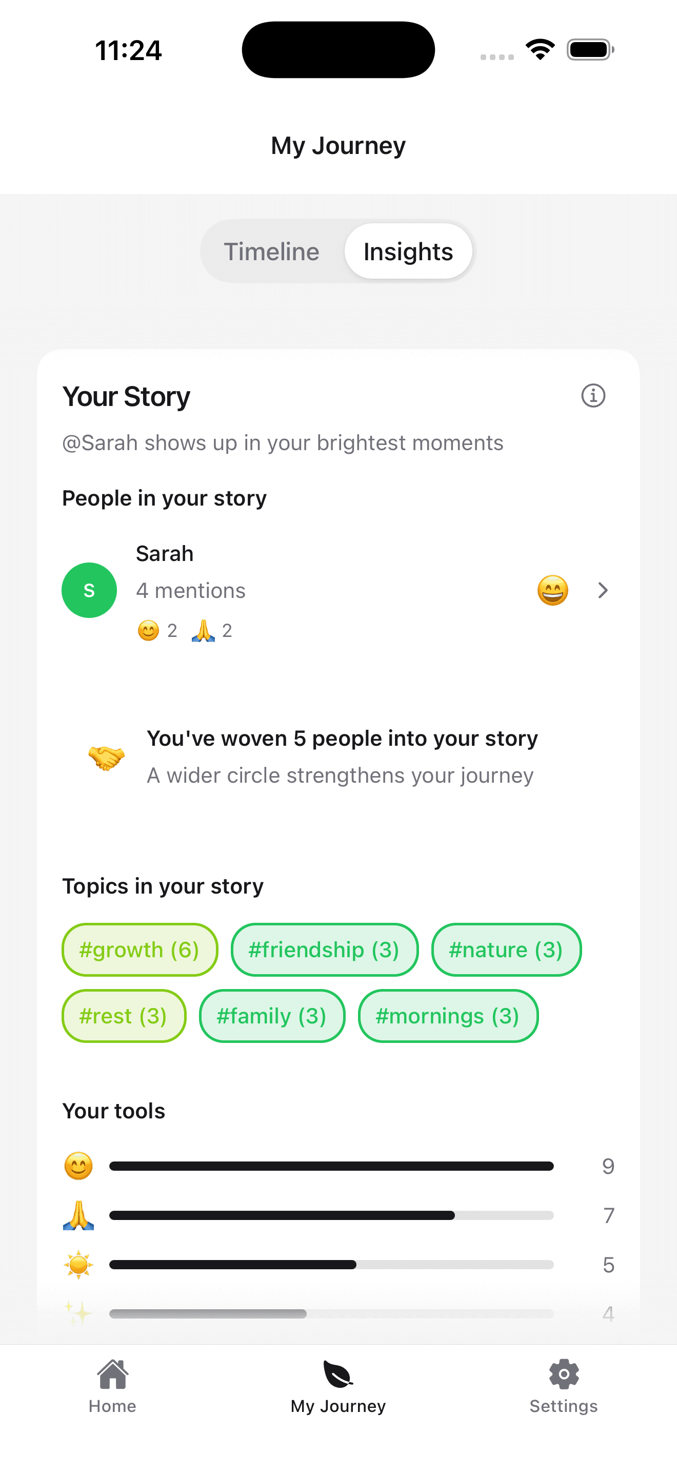 Just for Today — Insights showing patterns, people, and topics from your journal